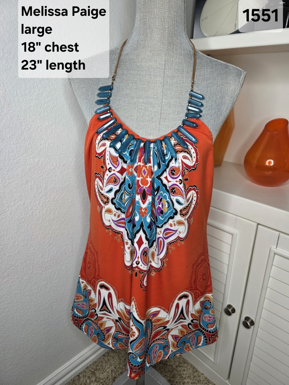 Melissa Paige Orange Paisley-Print Turquoise Beaded Halter Tank Top